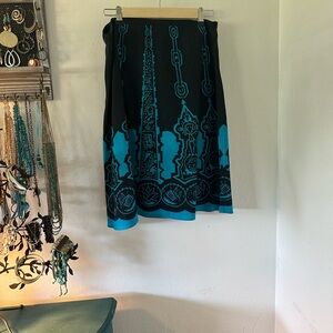 Navy and turquoise print unlined cotton skirt.